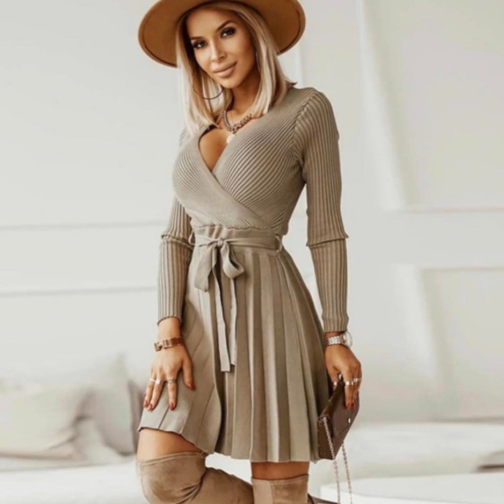 Pleated Wrap Knit Dress in Taupe Sexy